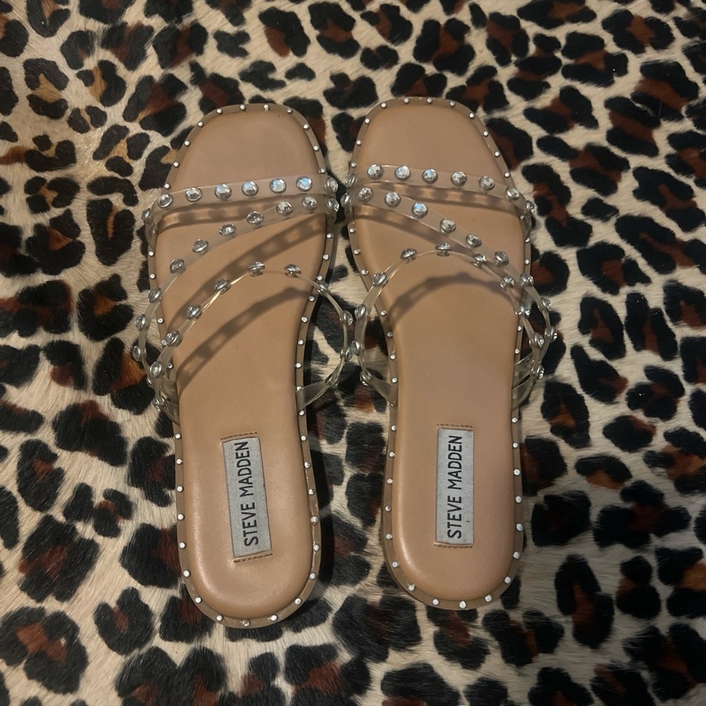 Steve Madden Clear-Strap Gem Stud Slide Sandals in Nude